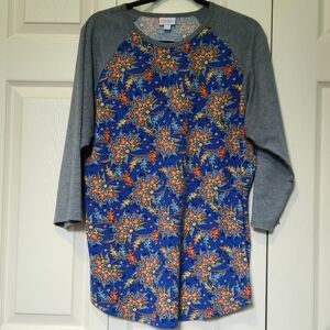 Mosaic Blue Floral Raglan Gray Sleeve Baseball Style LuLaRoe Randy Tee Size 2XL